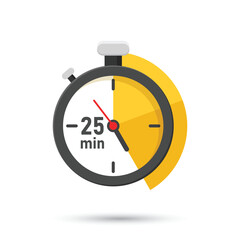 25 minutes on stopwatch icon in flat style. Clock face timer vector illustration on isolated background. Countdown sign business concept.