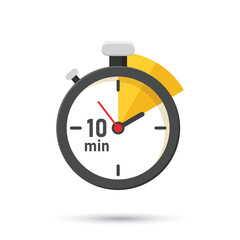 10 minutes on stopwatch icon in flat style. Clock face timer vector illustration on isolated background. Countdown sign business concept.