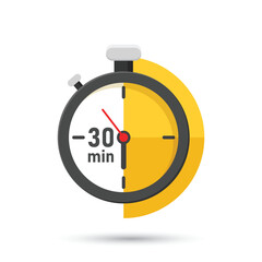 30 minutes on stopwatch icon in flat style. Clock face timer vector illustration on isolated background. Countdown sign business concept.