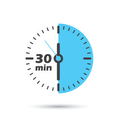 30 minutes on stopwatch icon in flat style. Clock face timer vector illustration on isolated background. Countdown sign business concept.
