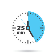 25 minutes on stopwatch icon in flat style. Clock face timer vector illustration on isolated background. Countdown sign business concept.