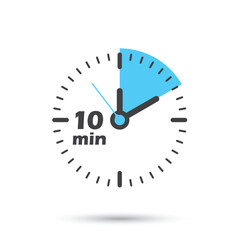 10 minutes on stopwatch icon in flat style. Clock face timer vector illustration on isolated background. Countdown sign business concept.