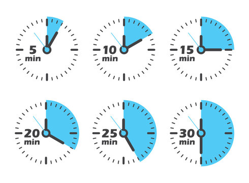 From 5 minutes to 30 minutes on stopwatch icon in flat style. Clock face timer vector illustration on isolated background. Countdown sign business concept.