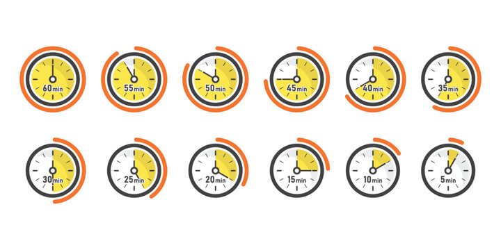 From 5 minutes to 60 minutes on stopwatch icon in flat style. Clock face timer vector illustration on isolated background. Countdown sign business concept.