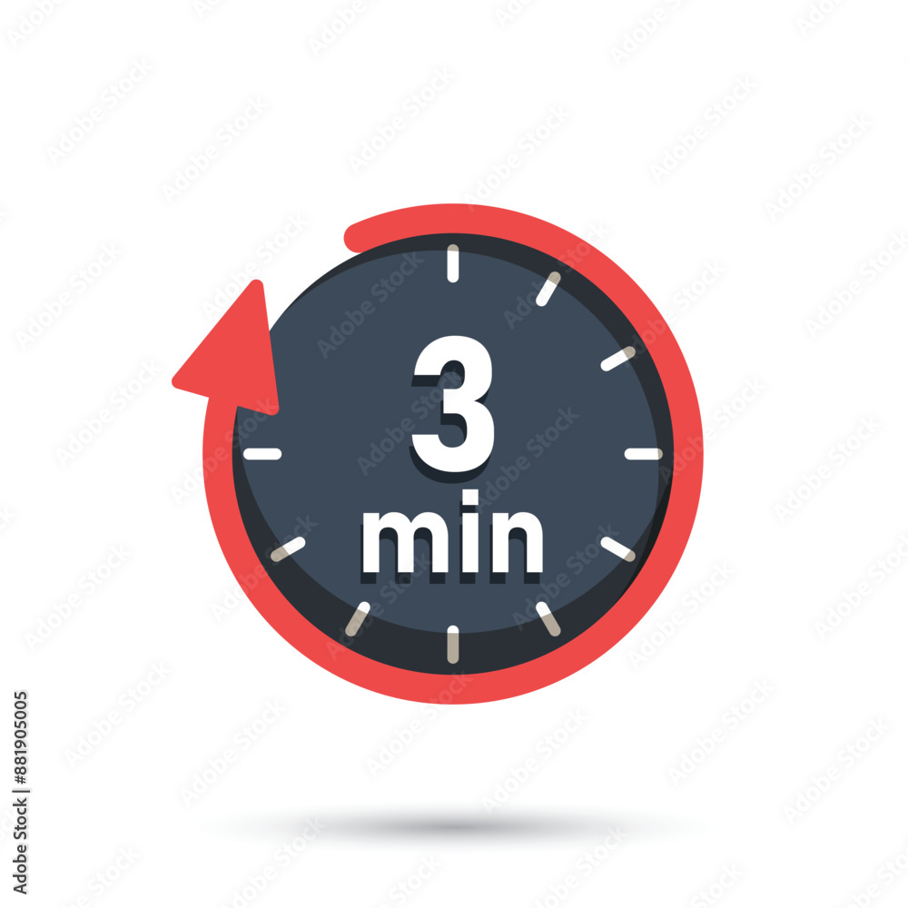 Poster 3 minute on stopwatch icon in flat style. clock face timer vector illustration on isolated backgroun