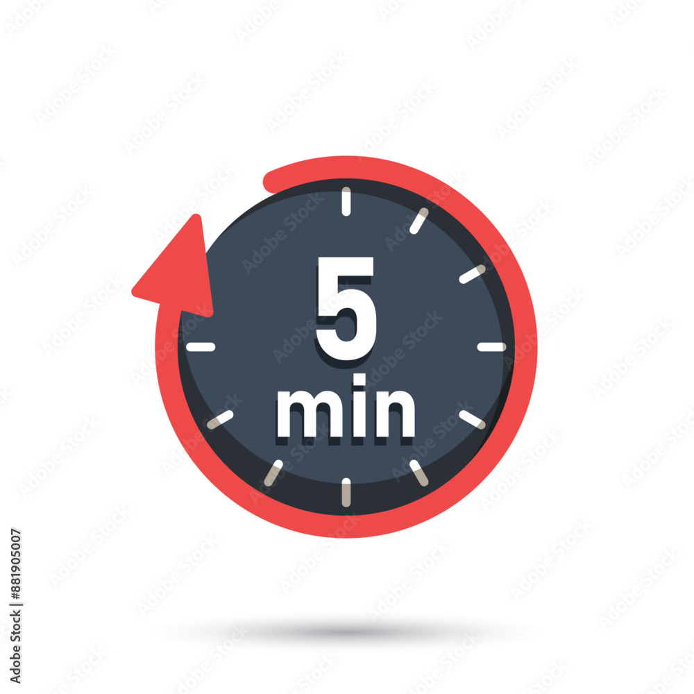 Poster 5 minutes on stopwatch icon in flat style. clock face timer vector illustration on isolated backgrou