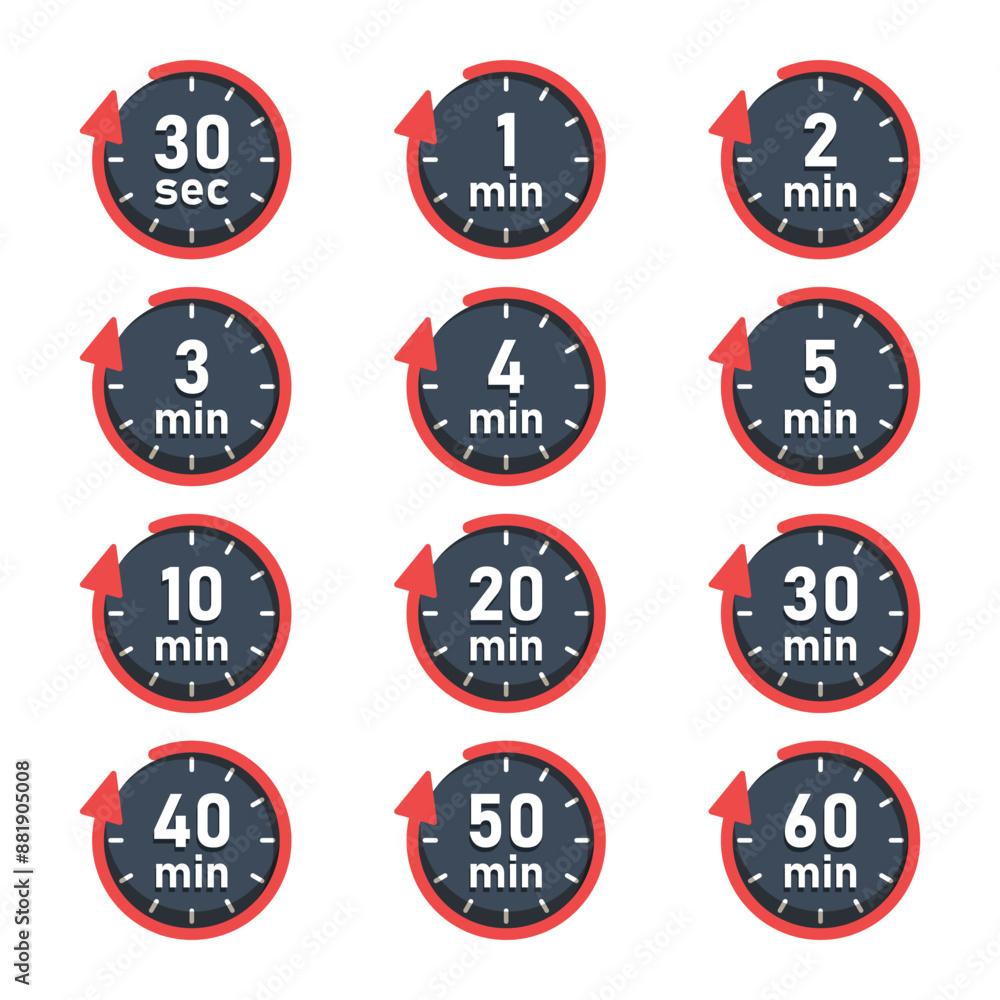 Poster from 30 seconds to 60 minutes on stopwatch icon in flat style. clock face timer vector illustration 