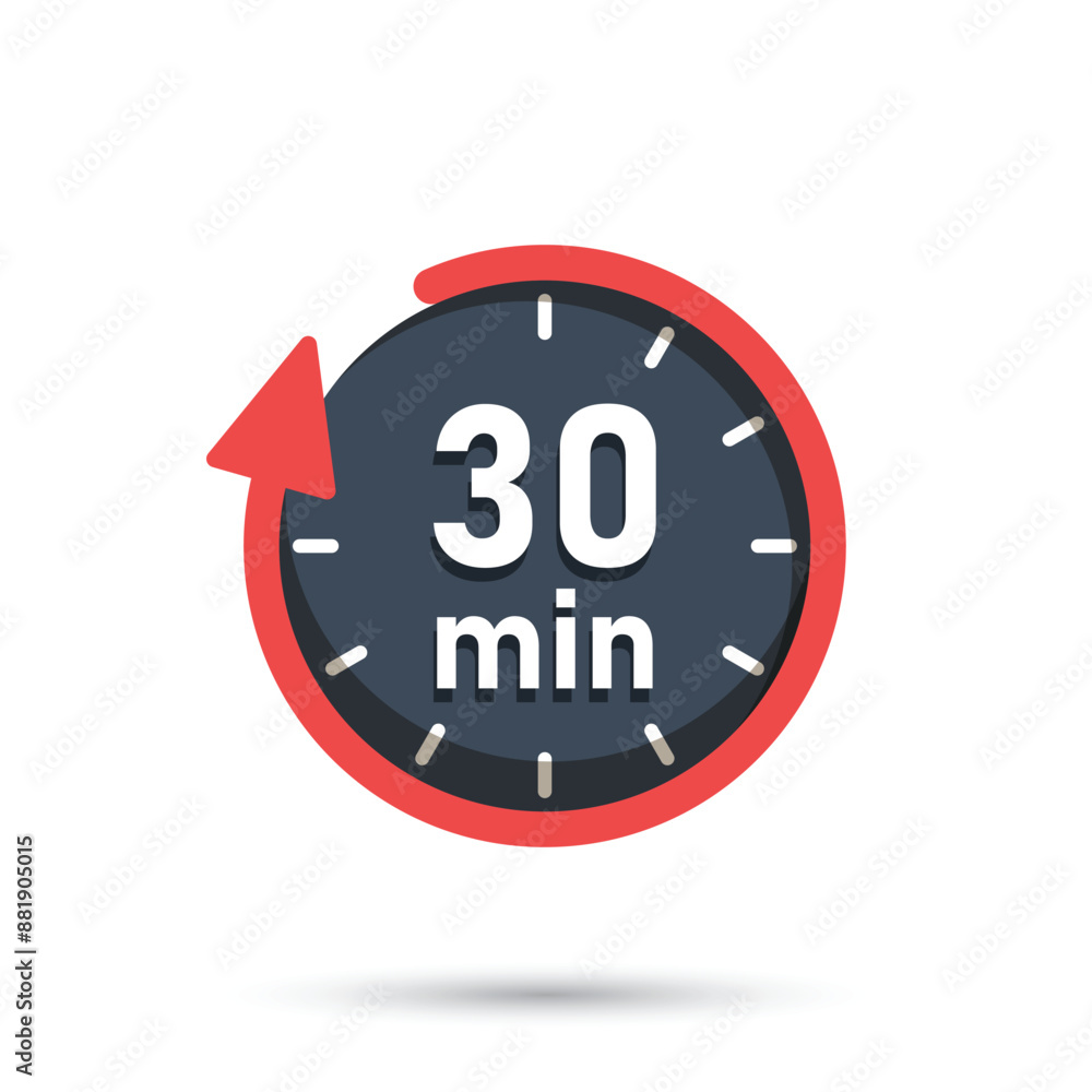 Poster 30 minutes on stopwatch icon in flat style. clock face timer vector illustration on isolated backgro