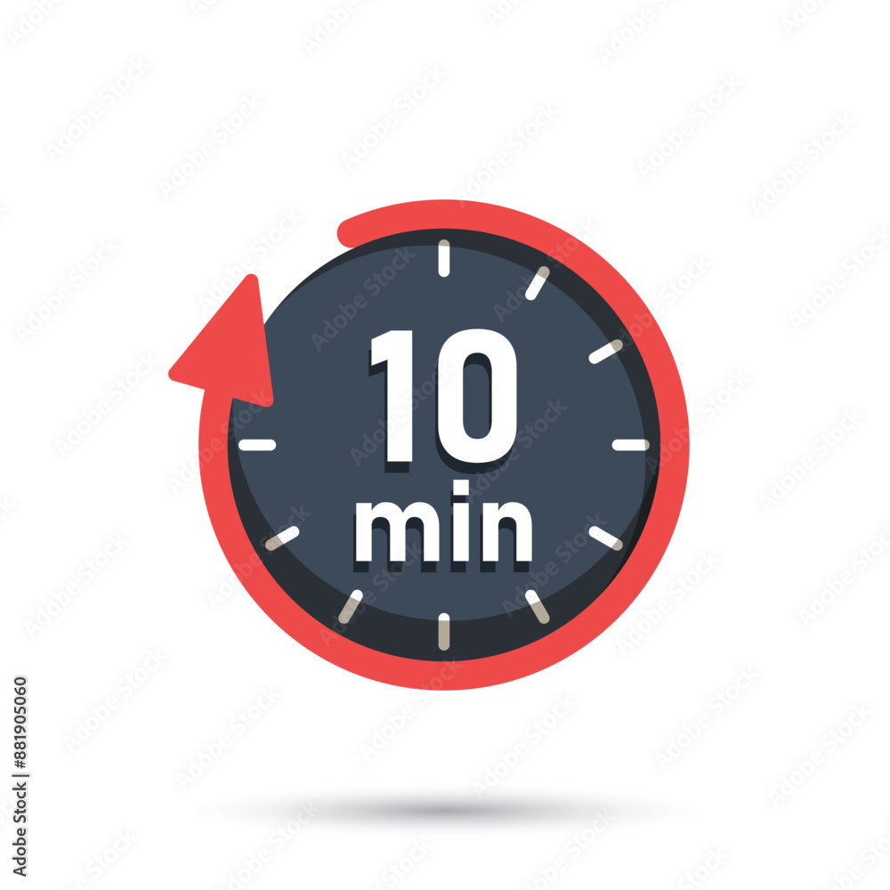Poster 10 minutes on stopwatch icon in flat style. clock face timer vector illustration on isolated backgro