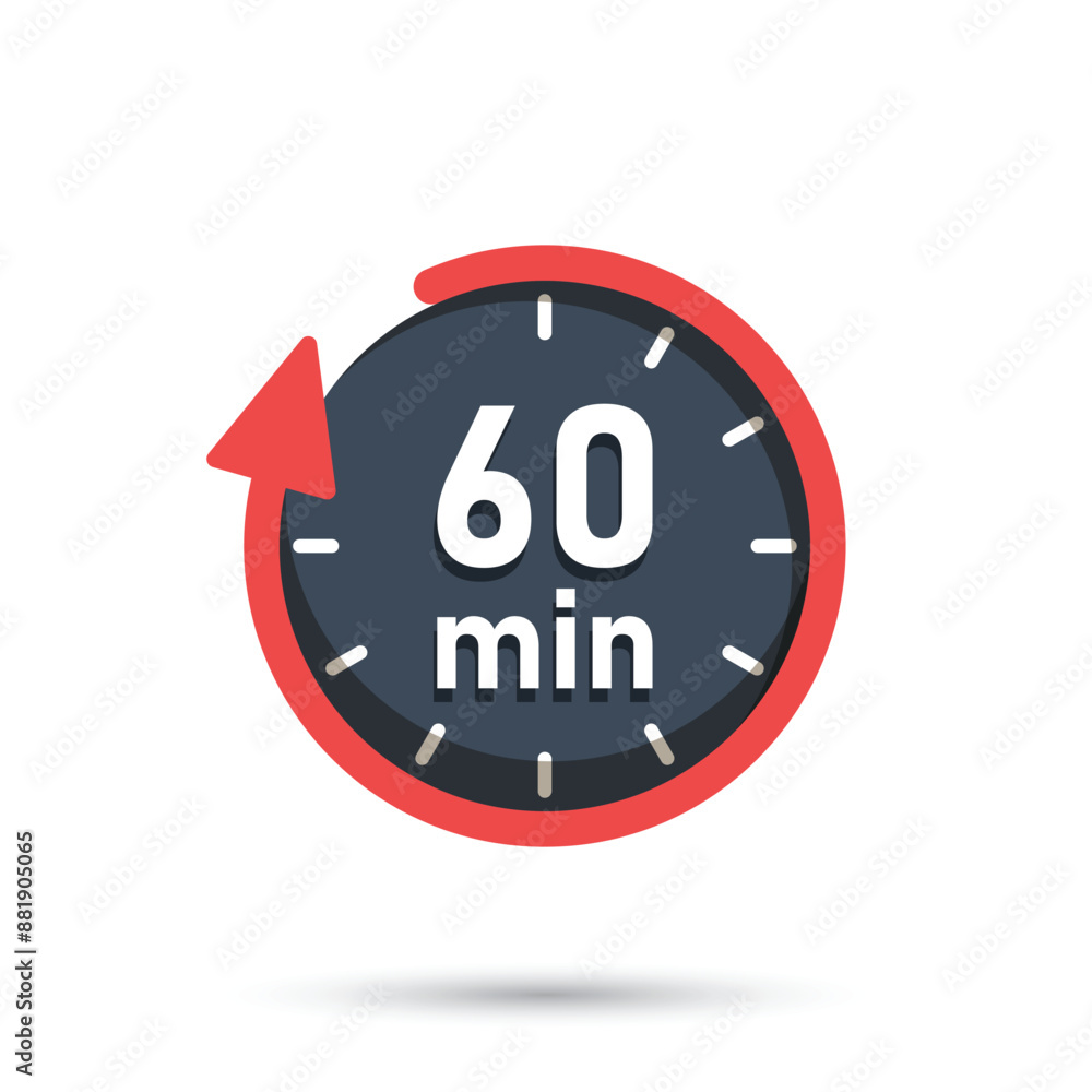 Poster 60 minutes on stopwatch icon in flat style. clock face timer vector illustration on isolated backgro