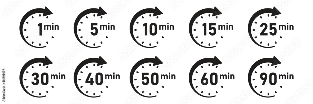 Poster from 1 minite to 90 minutes on stopwatch icon in flat style. clock face timer vector illustration on