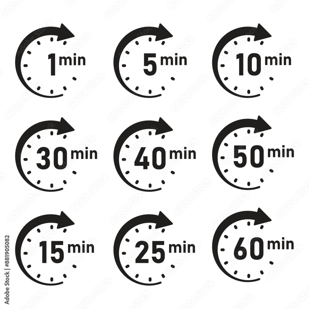 Aufkleber from 1 minite to 60 minutes on stopwatch icon in flat style. clock face timer vector illustration on