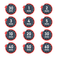 From 30 seconds to 60 minutes on stopwatch icon in flat style. Clock face timer vector illustration on isolated background. Countdown sign business concept.