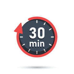 30 minutes on stopwatch icon in flat style. Clock face timer vector illustration on isolated background. Countdown sign business concept.