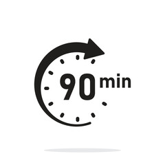 90 minutes on stopwatch icon in flat style. Clock face timer vector illustration on isolated background. Countdown sign business concept.