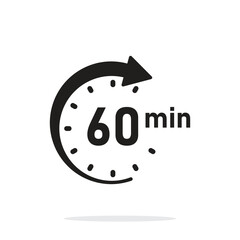 60 minutes on stopwatch icon in flat style. Clock face timer vector illustration on isolated background. Countdown sign business concept.