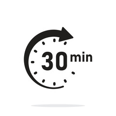 30 minutes on stopwatch icon in flat style. Clock face timer vector illustration on isolated background. Countdown sign business concept.