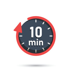 10 minutes on stopwatch icon in flat style. Clock face timer vector illustration on isolated background. Countdown sign business concept.
