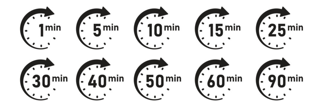 From 1 minite to 90 minutes on stopwatch icon in flat style. Clock face timer vector illustration on isolated background. Countdown sign business concept.