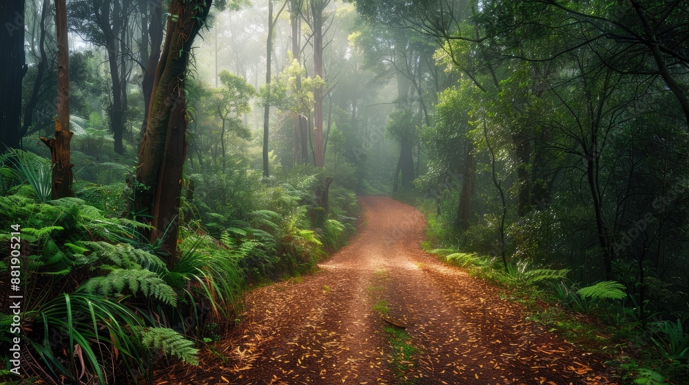 Aufkleber a forest path with a dirt road leading through it. the path is surrounded by trees and there is a lo
