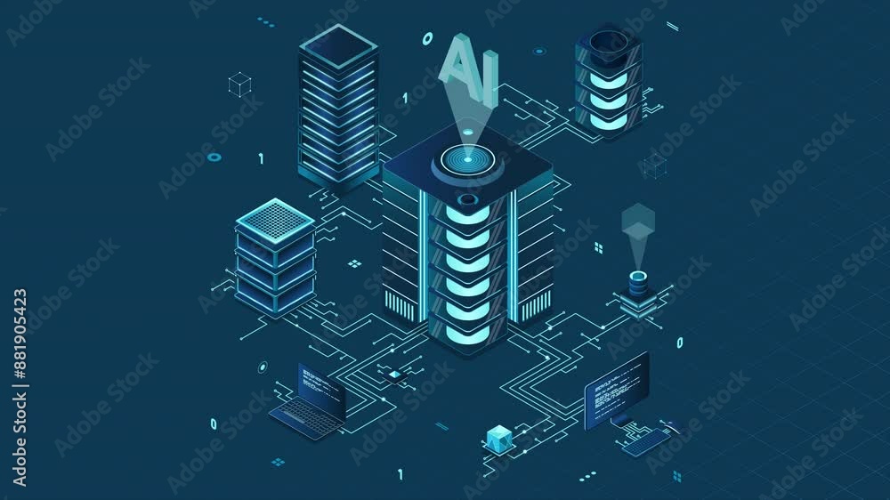 Poster isometric artificial intelligence technology animation. isometric cloud computing concept. artificia