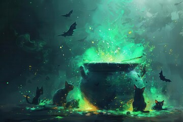 A witchs cauldron bubbling with a green potion, surrounded by bats and black cats