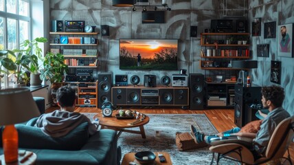 A family interacting with various IoT devices in their home