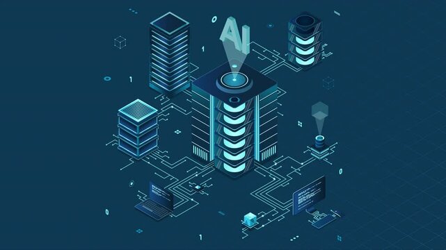 Isometric artificial intelligence technology animation. Isometric cloud computing concept. Artificial intelligence neural network future technology. 4K video animated in isometric style