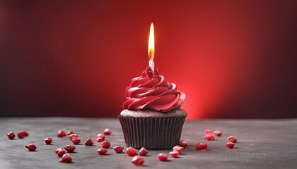congratulatory red cupcake with a candle on a red background. holiday concept and template for postcard
