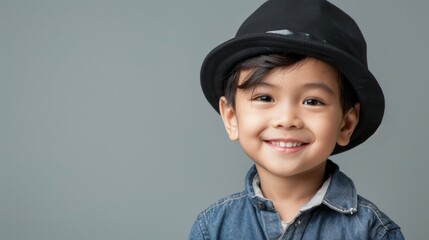 A young boy wearing a black hat smiles at the camera