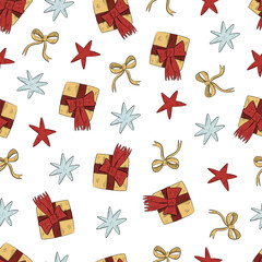 Obraz premium Christmas seamless pattern with giftbox, bows and stars. Merry christmas and happy 2025 year. hand drawn pastel colors wrapping paper, background, wallpaper, decoration