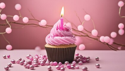 congratulatory pink cupcake with a candle on a pink background. holiday concept and template for postcard
