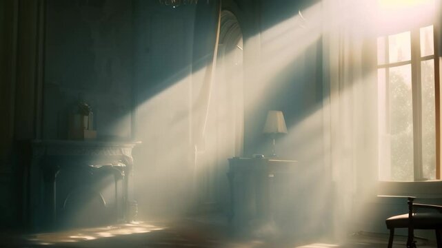 A dark room illuminated by a chandelier hanging above a chair, Play with light and shadow to evoke a mood of mystery and intrigue