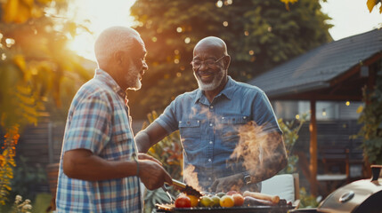 An elderly gay couple cooks vegetables on the grill. Two happy black men are standing in the garden next to the grill and chatting. The neighbors cook food