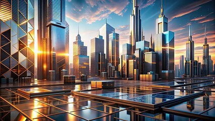 Futuristic cityscape with geometric patterns and metallic textures, futuristic, cityscape, geometric, patterns