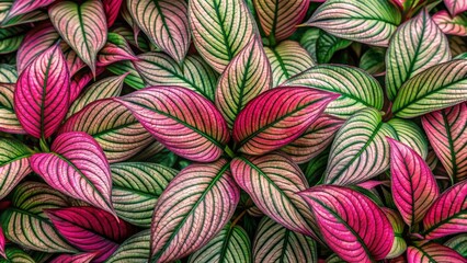 Vibrant pink and green leaves intertwined in a striking nature pattern with contrasting foliage colors against a soft, neutral background.