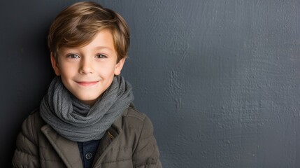 A young boy with brown hair and blue eyes smiles warmly, wearing a cozy grey scarf