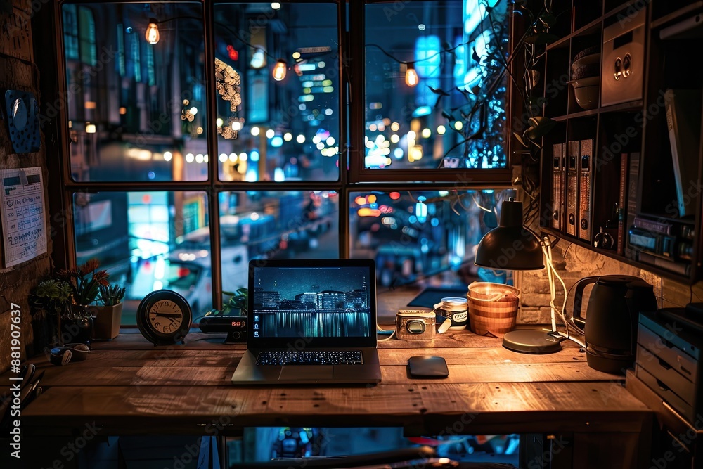 Poster a laptop is on a desk in front of a window with a city view. the laptop is open and the screen is li
