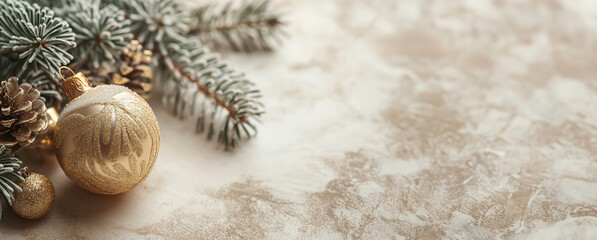 Gold Christmas ornament and frosted pine branch on a snowy surface with a beige background. Christmas and New Year festive concept. Template for greeting card, invitation, banner with copy space.
