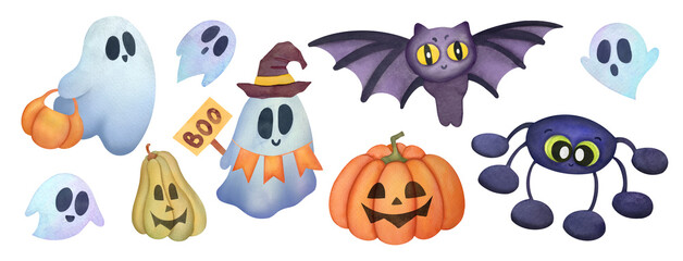 watercolor cute ghosts, pumpkin, spider and bat illustrations set. funny halloween characters collection. spirits and monsters clip art and cut out design elements isolated on transparent background