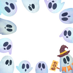 halloween frame template with cute ghosts on white copy space background