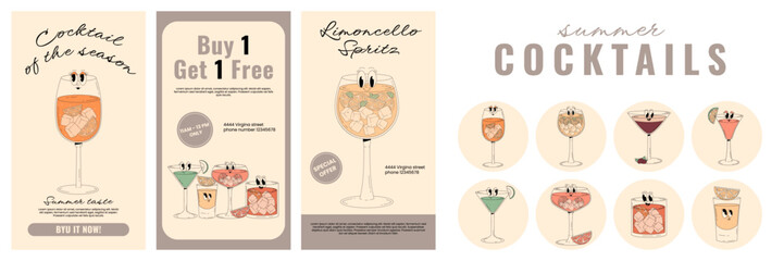 Retro groovy characters summer cocktails. Trendy psychedelic bundle of round covers and social media marketing with cute alcohol beverage. Vector illustration