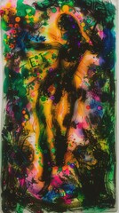 Colorful abstract painting depicting a silhouette surrounded by vibrant splashes of color, capturing an essence of movement and creativity.