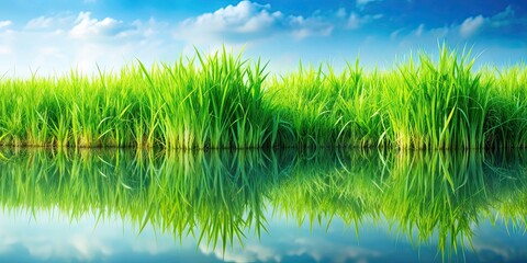 Obraz premium Green grass reflected in calm water , nature, reflection, serene, peaceful, tranquil, greenery, symmetry, pond, lake, environment