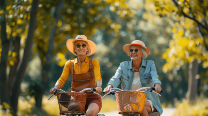 An elderly lesbian couple rides bicycles in the park on a sunny day. Two women in sunglasses are walking on bicycles. One of them is wearing a yellow shirt
