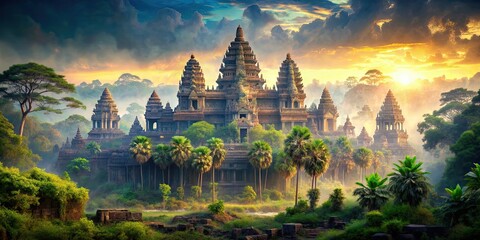 Mystical Chinese-style painting of the ancient Angkor Wat temple surrounded by lush jungles , Angkor Wat, mystical