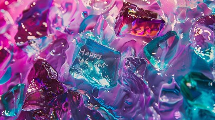 Crystal effect background with vibrant Holi colors and 'Happy Holi' etched