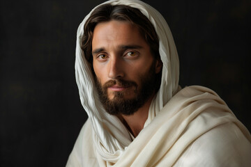 sacred and serene expression of Jesus Christ wearing a white robe, emphasizing peace and divinity. Ideal for religious publications, faith-based websites, and spiritual artwork. po