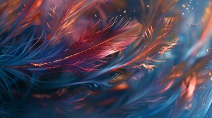 Fototapeta premium Feather-like wallpaper with vivid Holi colors and softly glowing 'Happy Holi'