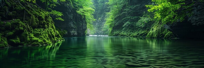 Obraz premium A tranquil river flowing through a lush green canyon